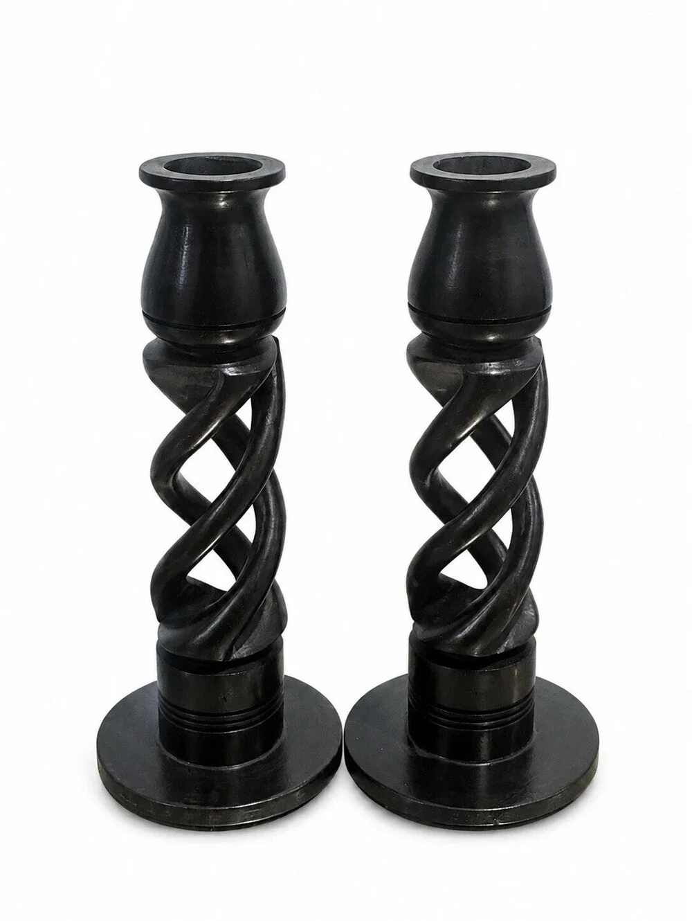 Pair of vintage hand carved African ebony twist candlesticks